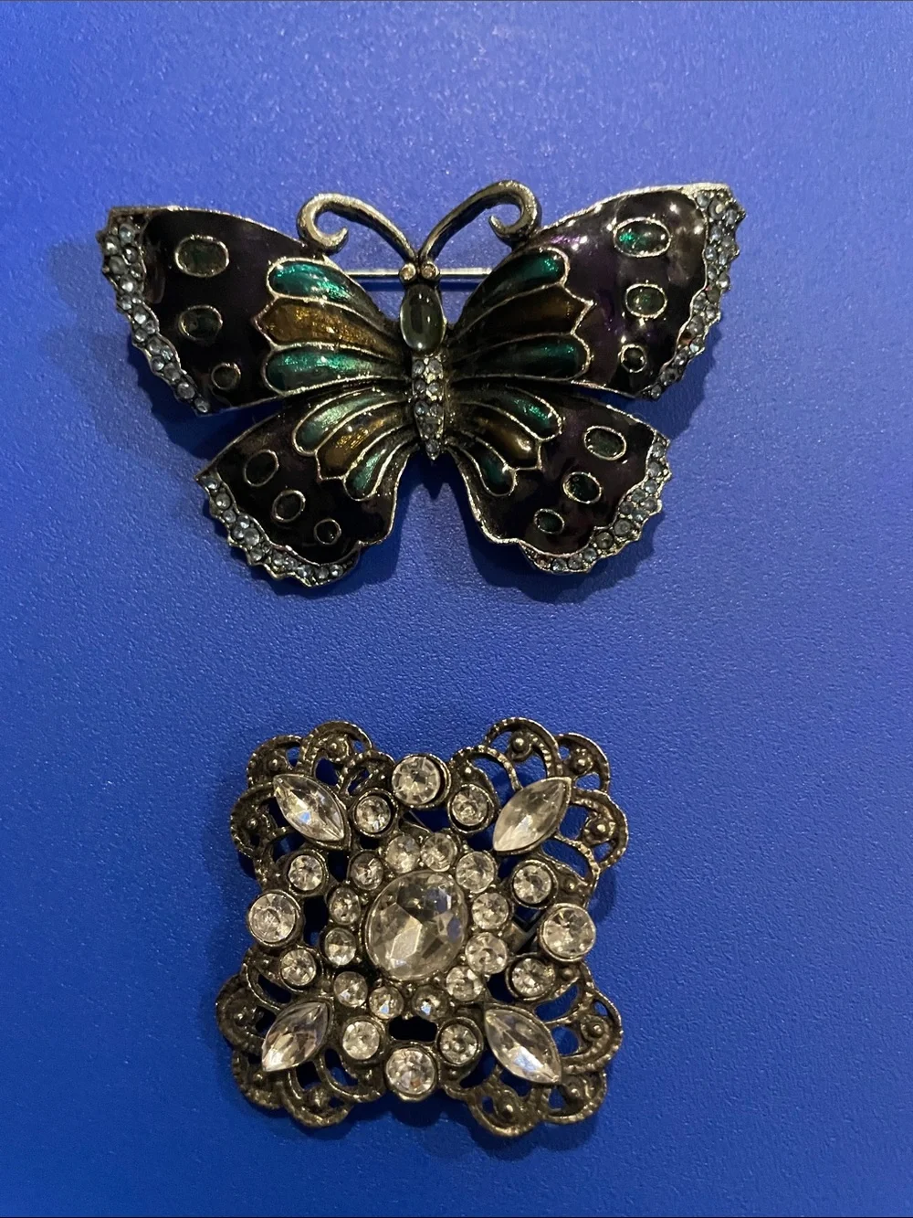 Vintage-inspired Green Butterfly Brooch & Crystal Filigree square Brooch.